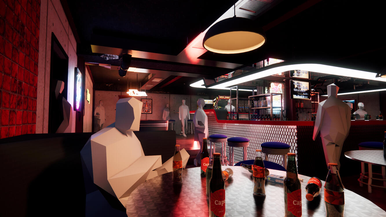Harikuya Dive Bar (Corner booth POV) - set design interpretation for film based on AKIRA design package for Thesis Project
